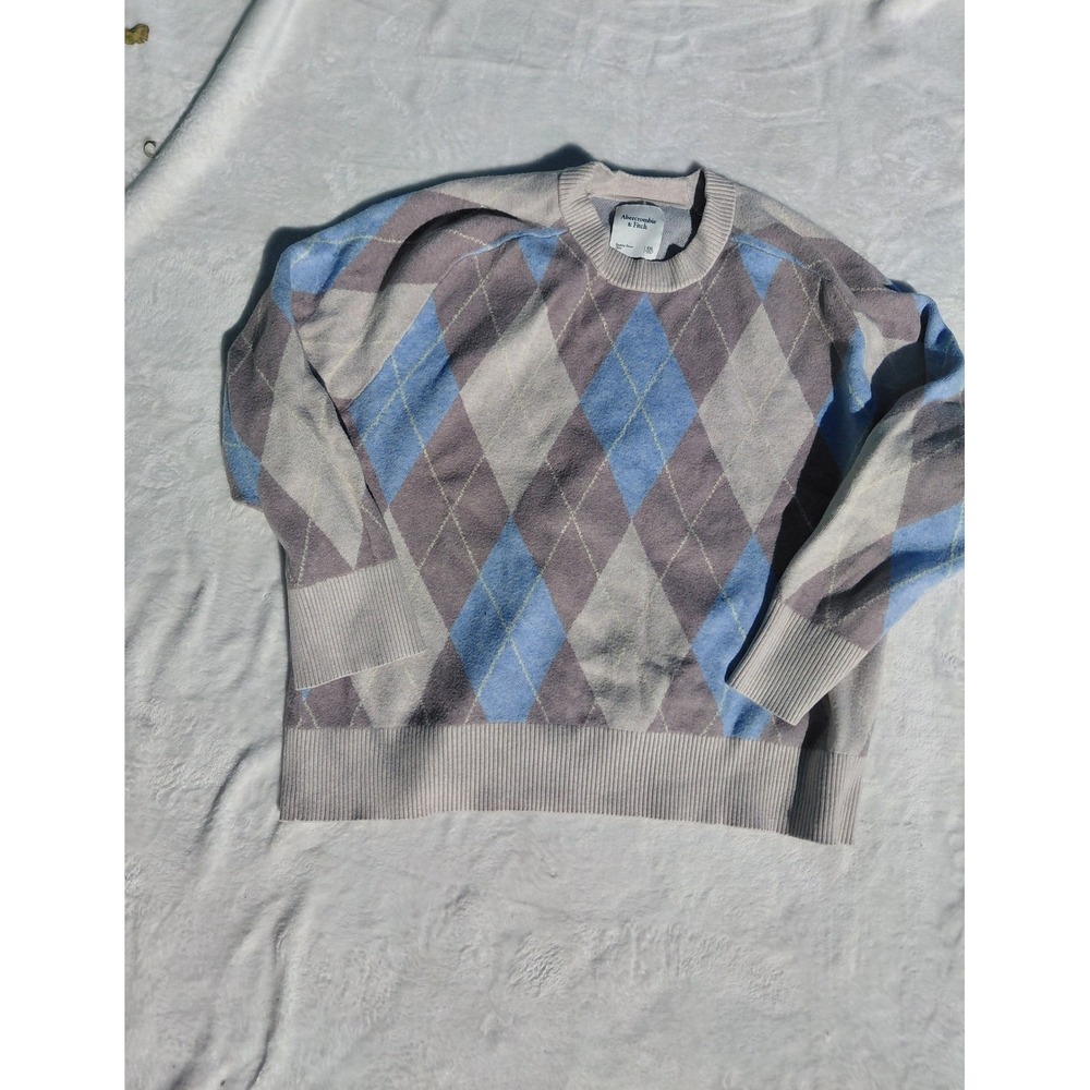 Abercrombie & Fitch Mens XXL Argyle Crewneck Sweater Blue Grey Tan Knit Pullover